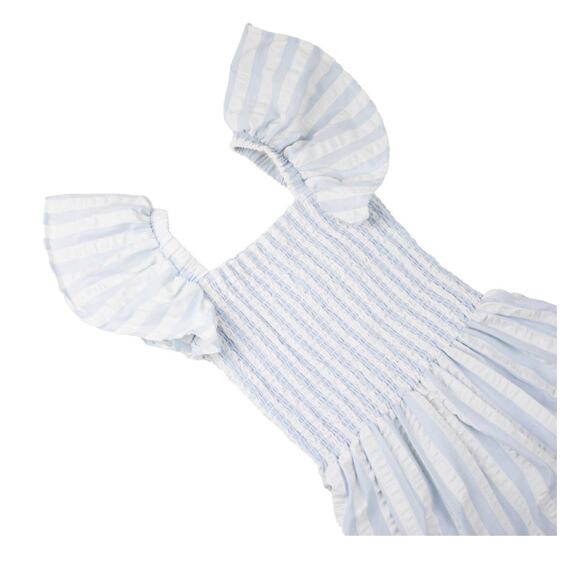 Blue & White Textured Stripe Smocked Flutter Sleeve Dress - Picture 3 of 7